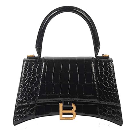 Women's Hourglass Small Handbag Crocodile Embossed in Black.